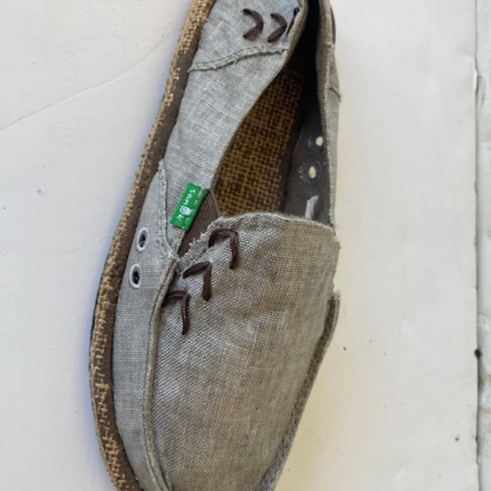 Sanuk Gray Canvas Slip-On Sneakers with Brown Accents